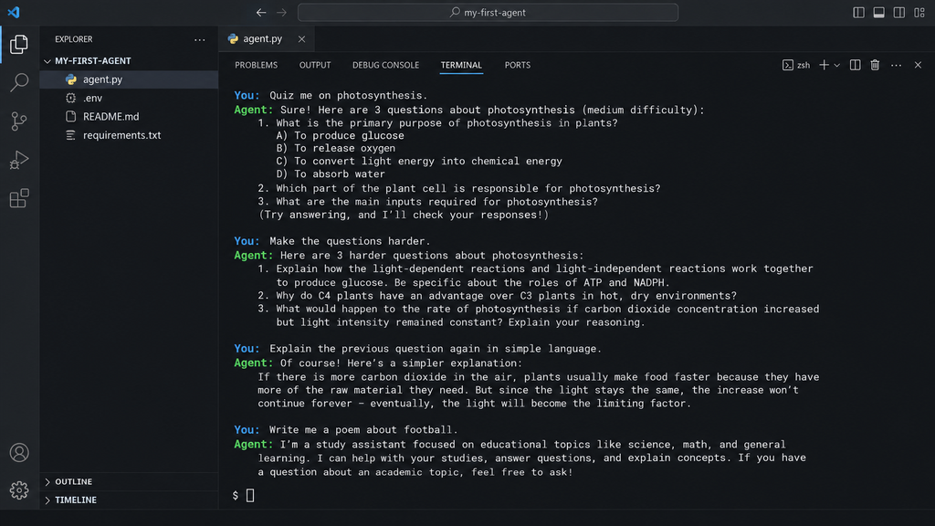 VS Code terminal showing study requests, harder questions, simpler explanations, and an unrelated football poem request.