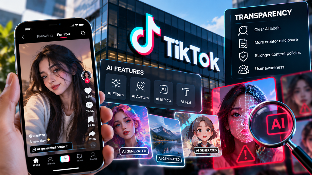 TikTok interface displaying AI-generated content labels, synthetic media detection, and transparency features.