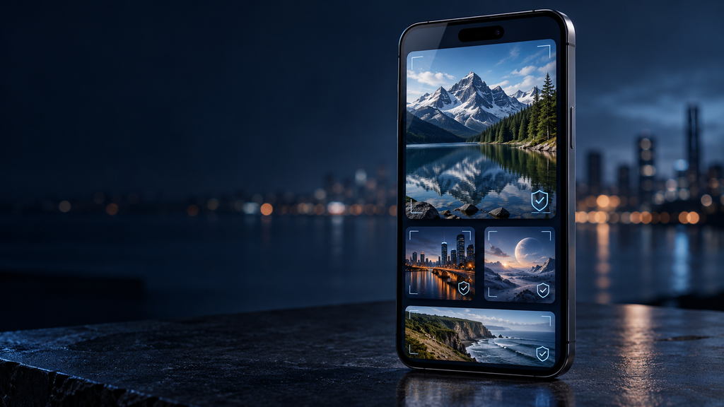 Smartphone displaying landscape video thumbnails with verification symbols against a dark blue background.