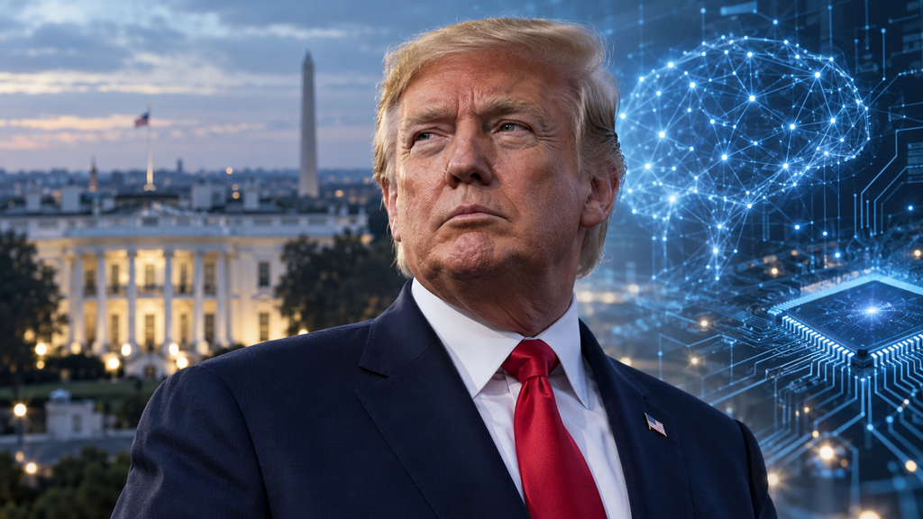 AI-generated illustration of Donald Trump with the White House, glowing neural connections and an AI processor in the background.