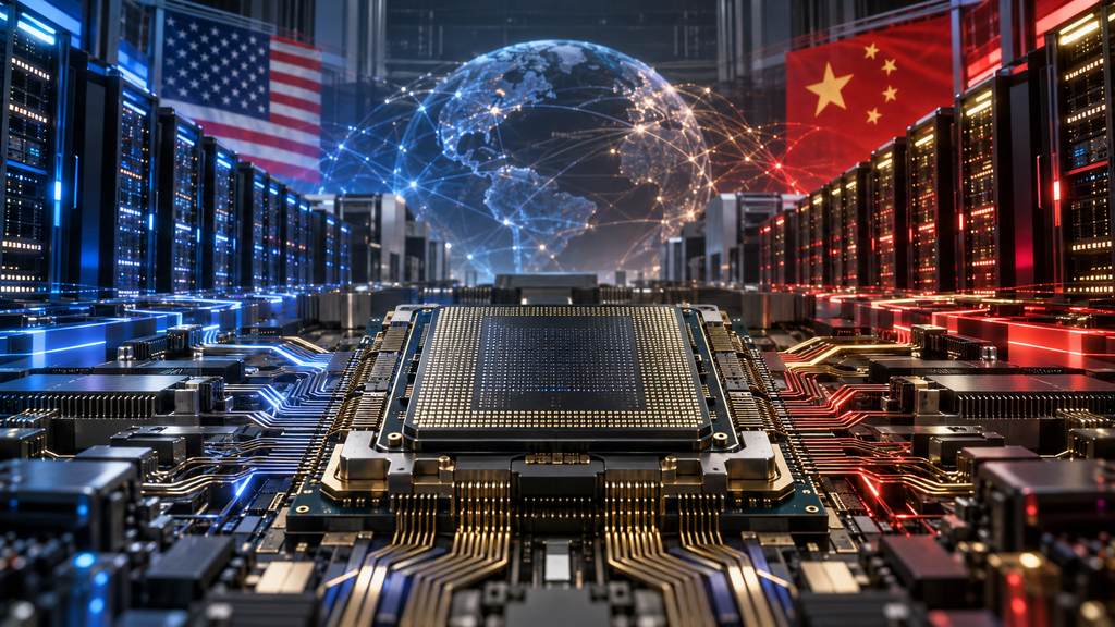 Central AI processor surrounded by server racks, circuit pathways and U.S. and Chinese flags in blue and red lighting.
