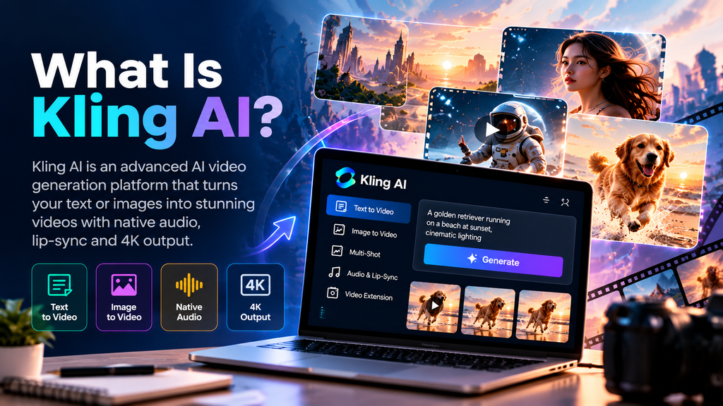 Kling AI video generation platform illustrated with a laptop interface, text-to-video features, AI-generated video previews, and 4K output.
