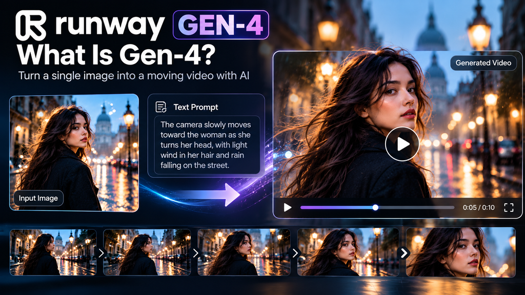 Runway GEN-4 image-to-video workflow showing an input image, motion text prompt, and generated cinematic video.