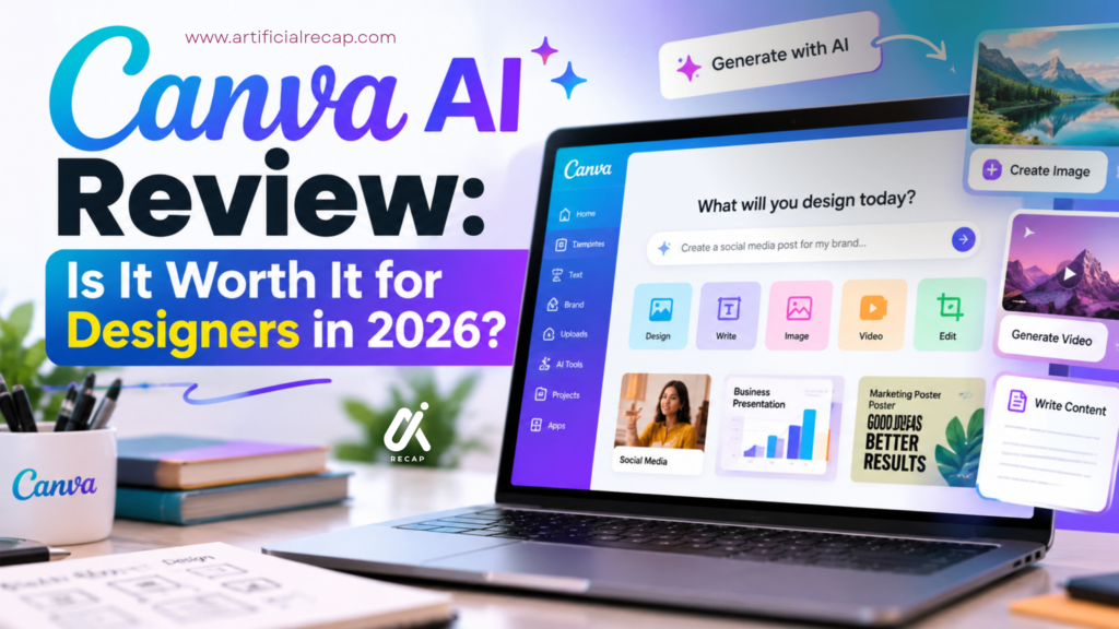 Canva AI Review 2026 featured image showing AI-powered design tools, image generation, video creation, and content editing features on a laptop.