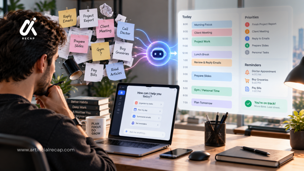 Professional using AI to organize daily tasks into a structured digital schedule.