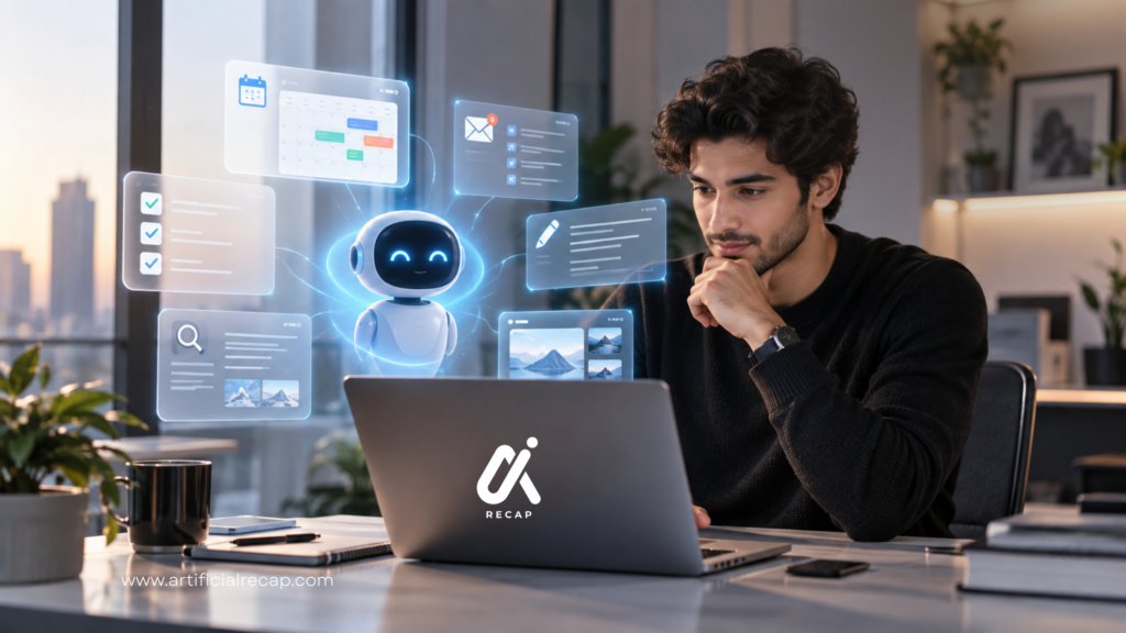 Professional using AI as a personal assistant to manage daily tasks and productivity