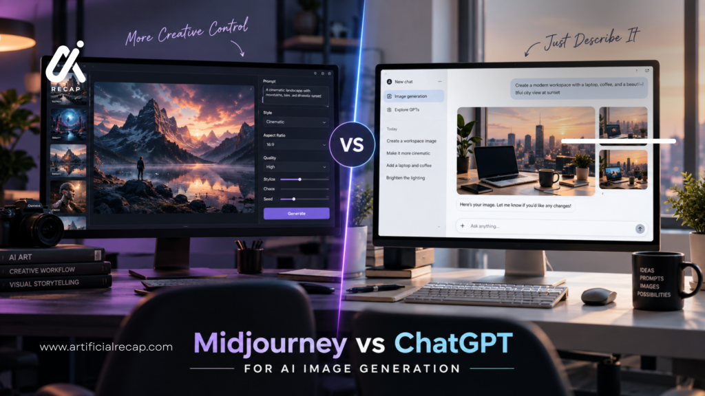 Midjourney vs ChatGPT for AI image generation showing creative control and conversational image creation workflows.