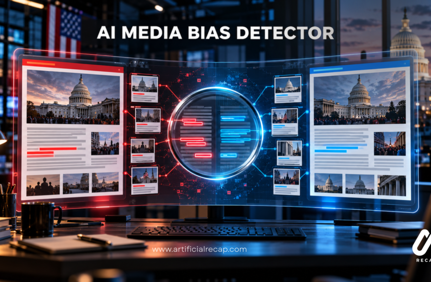 Conceptual AI Media Bias Detector display comparing political news articles, with the US Capitol in the background.