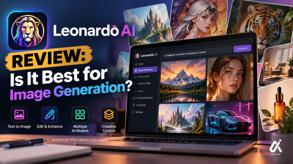 Leonardo AI review showcasing AI image generation, realistic artwork, creative tools, and image editing features.