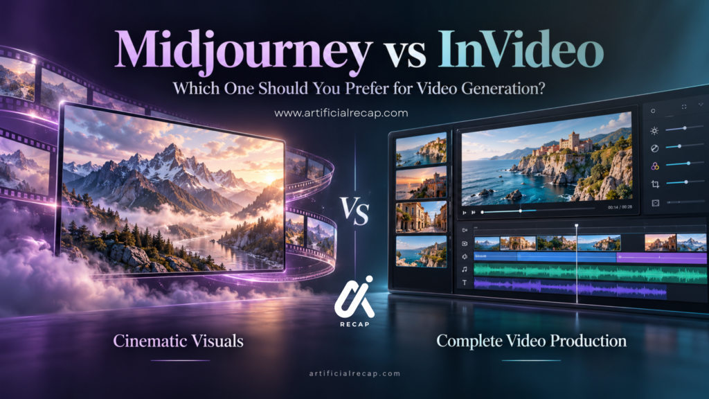 Midjourney vs InVideo comparison showing cinematic mountain visuals beside a video editing workspace.